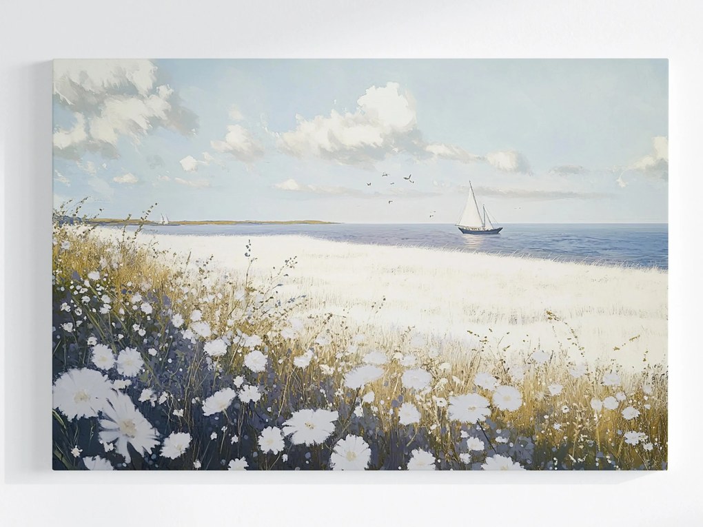 Vászonkép Canvas Tájkép Tengerpart Rét Virágok Tenger Csónak 60x40
