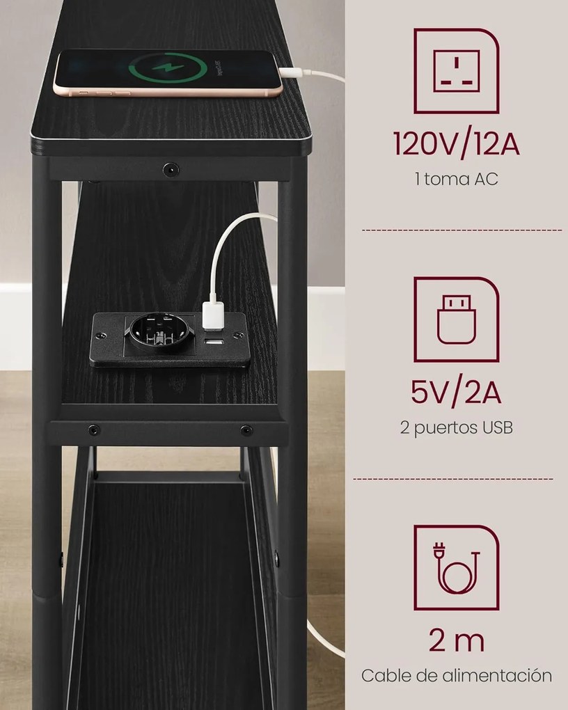 Keskeny oldal asztal töltő funkcióval 3 polcos, 18 x 45 x 58 cm tinta fekete