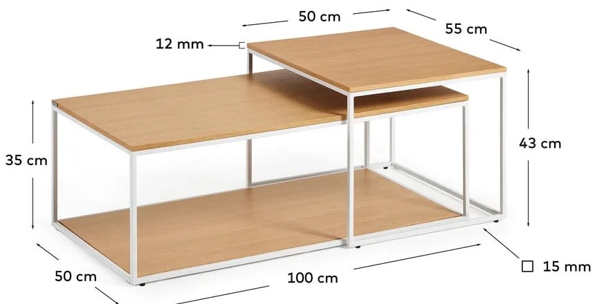 Világos natúr színű dohányzóasztal szett tölgyfa dekoros asztallappal 2 db-os 50x100 cm Yoana – Kave Home