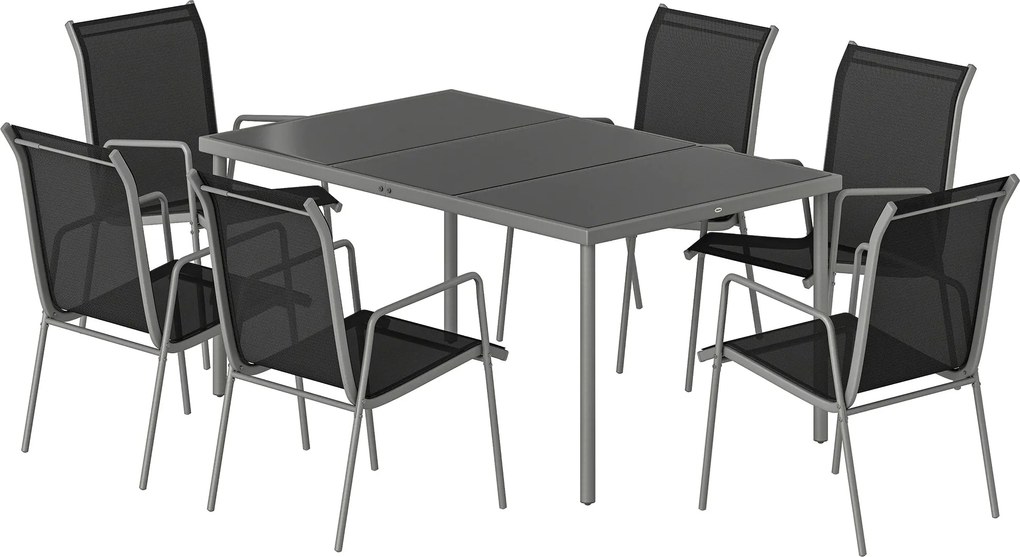 Outsunny 7 részes kültéri étkezőgarnitúra – edzett üveg asztal és 6 egymásra rakható, szellőző szék, időjárásálló porszórt váz | Aosom