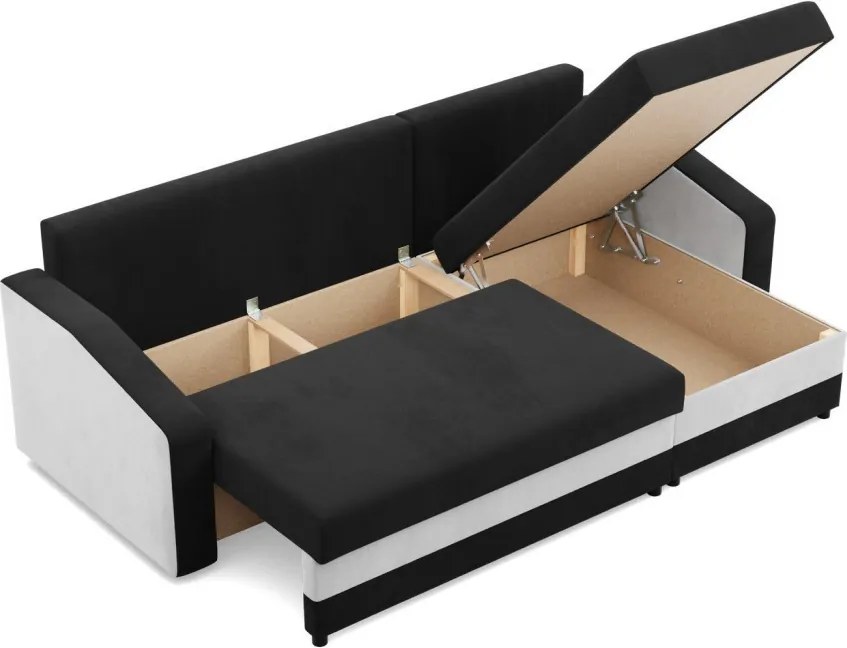 Hewlet sarokkanapé, 2 ágyneműtartóval, szövet anyag, univerzális oldal, bonell töltet, fekete - fehér