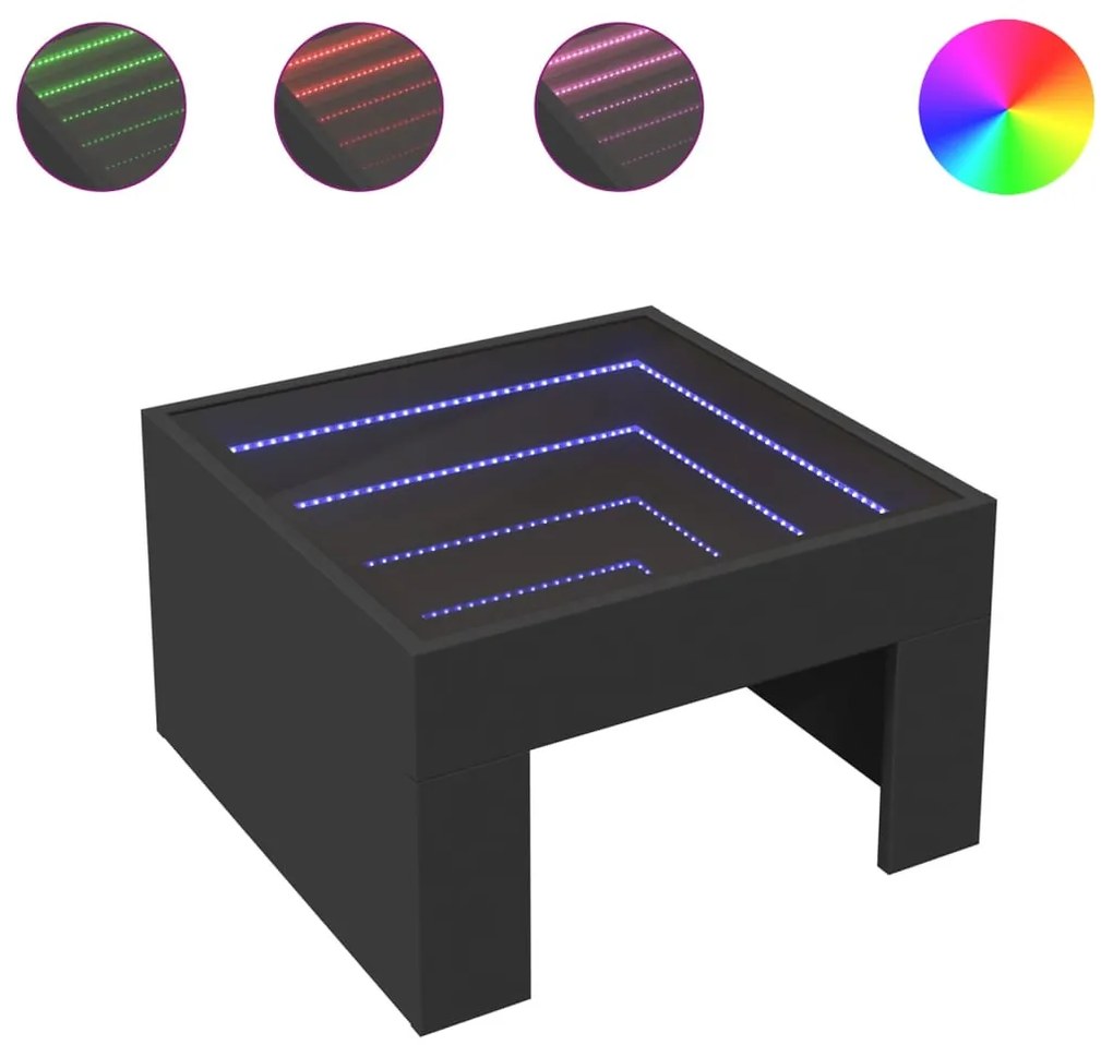 Fekete végtelen hatású LED-es dohányzóasztal 50 x 50 x 30 cm