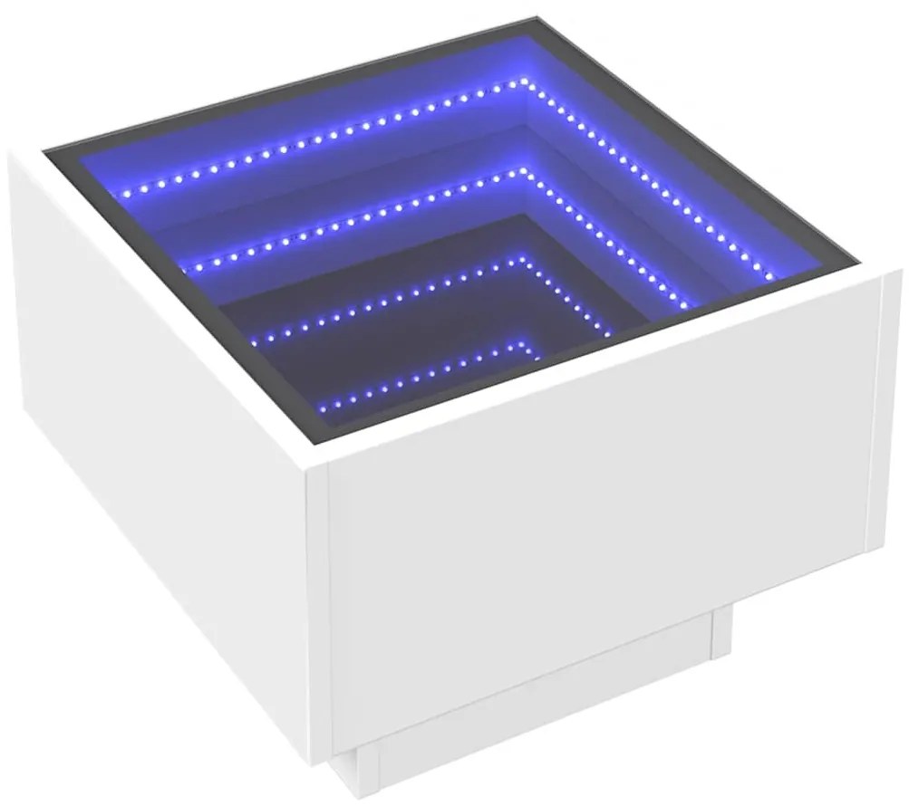 Fehér szerelt fa kisasztal LED-del 40 x 40 x 30 cm