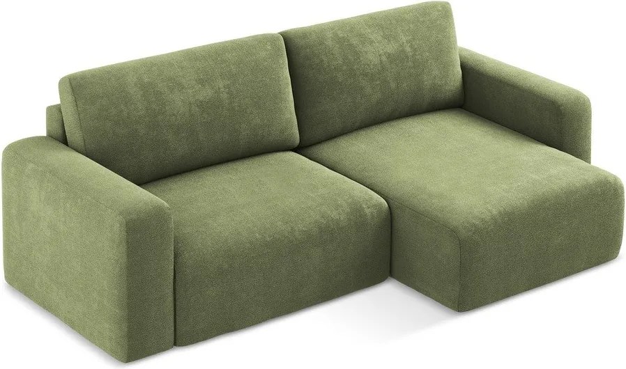 Zöld zsenília kinyitható-tárolóhelyes sarokkanapé (jobb oldali-heverő résszel) Kona – Makamii