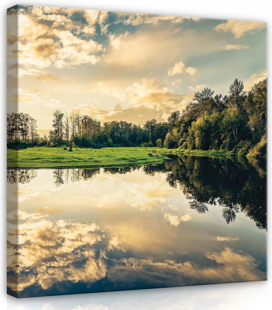 Vászonkép 80x80 Tó tükröződés naplemente felhők fák nyugalom természet