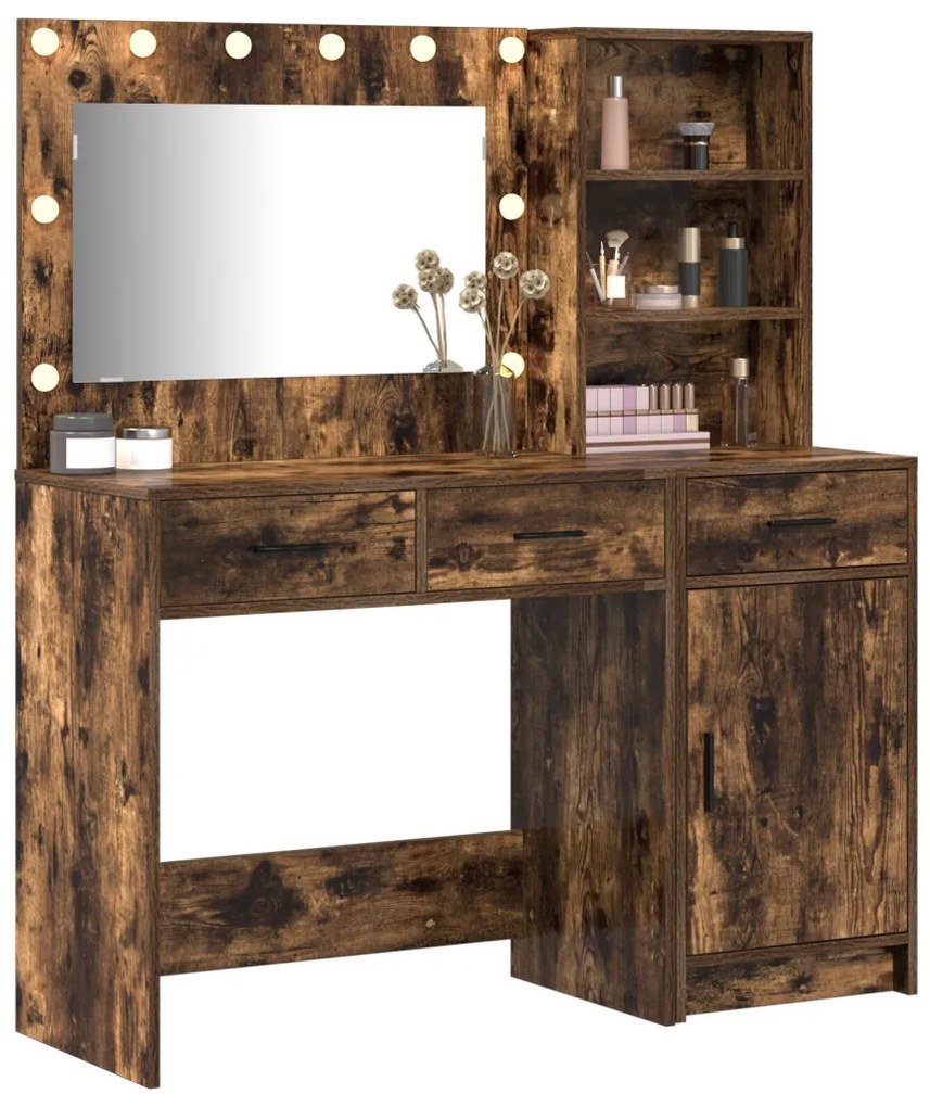 vidaXL Öltözködőasztal tükör lámpákkal fiókkal 2 pcs Barna Faanyag