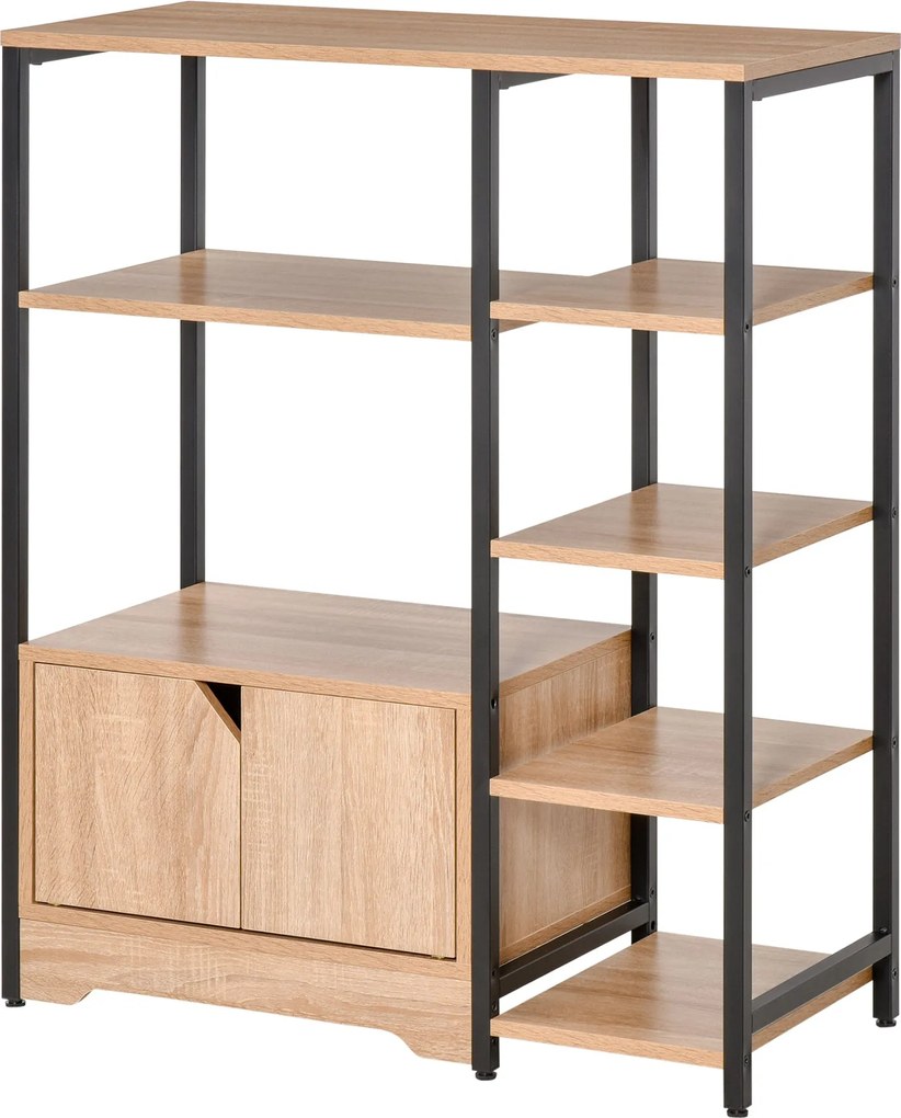 HOMCOM könyvespolc több nyitott polccal és duplaajtós könyves szekrénnyel, fémszerkezettel, 80x35x97 cm, Natúr Fa | Aosom