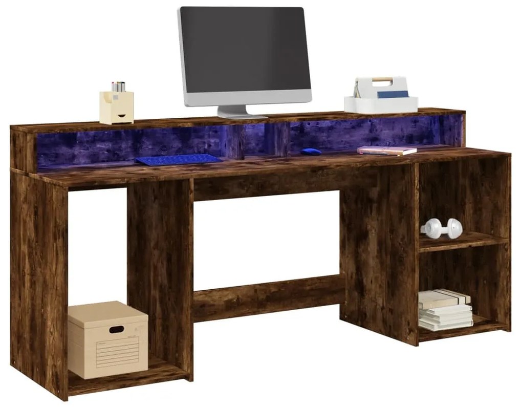 füstös tölgy színű szerelt fa íróasztal LED-ekkel 200x55x91 cm
