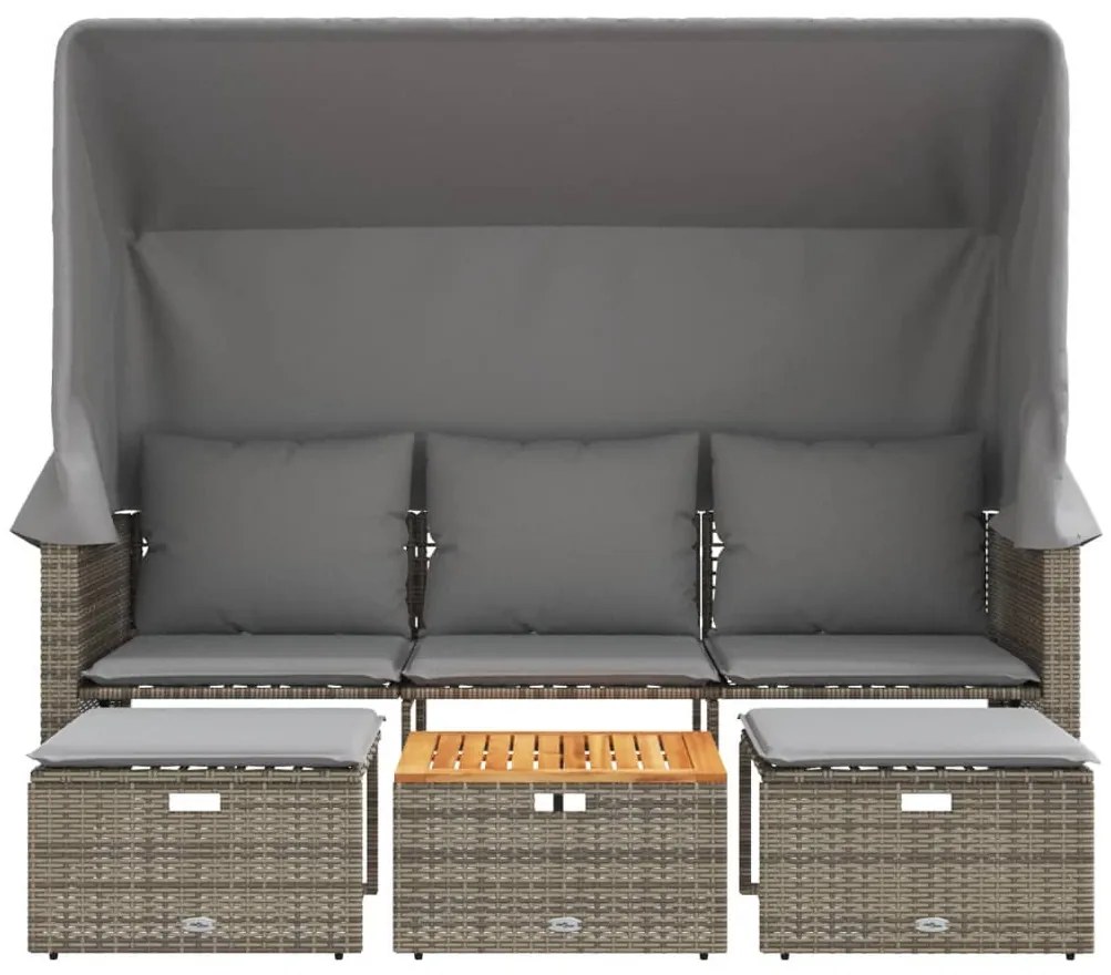 3 személyes szürke polyrattan kerti kanapé baldachinnal/székkel