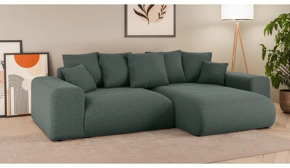 Sötétzöld kinyitható tárolóhelyes sarokkanapé (variálható sarok) Luma – Ropez