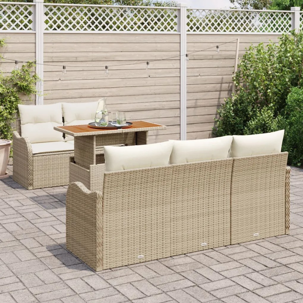 6 darabos kerti sofa készlet párnákkal bézs poli rattan akácfával, 2-személyes kerti sofa párnákkal bézs poli rattan