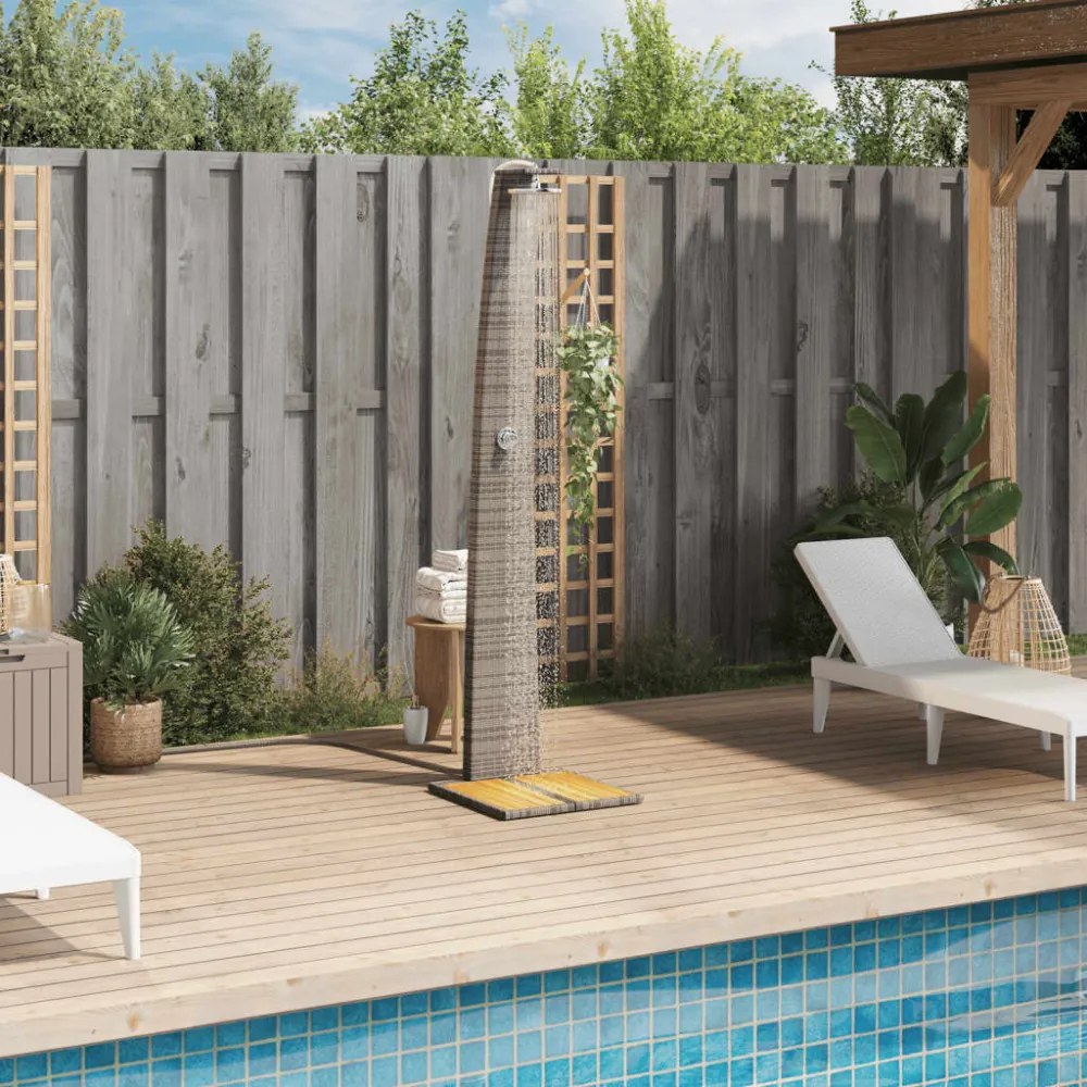 szürke polyrattan és akácfa kültéri zuhanyzó 55 x 60 x 224 cm
