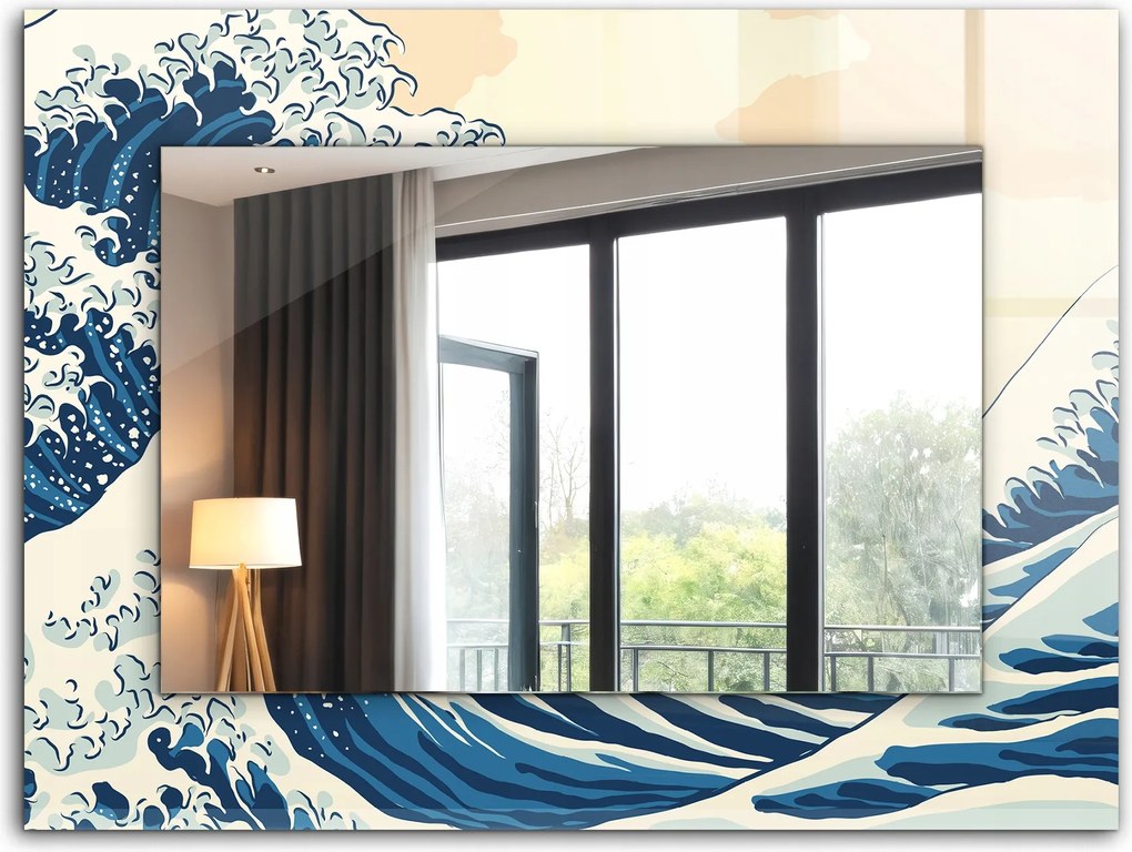 Dekoratív fali tükör nyomott mintás dekoráció 80x60 cm Nagy hullám Kanagavában