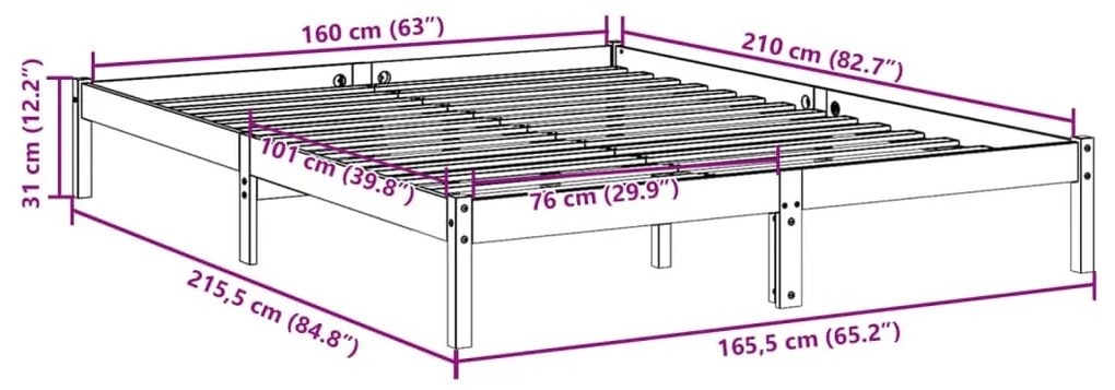 fehér tömör fenyő extra hosszú ágykeret matrac nélkül 160x210cm