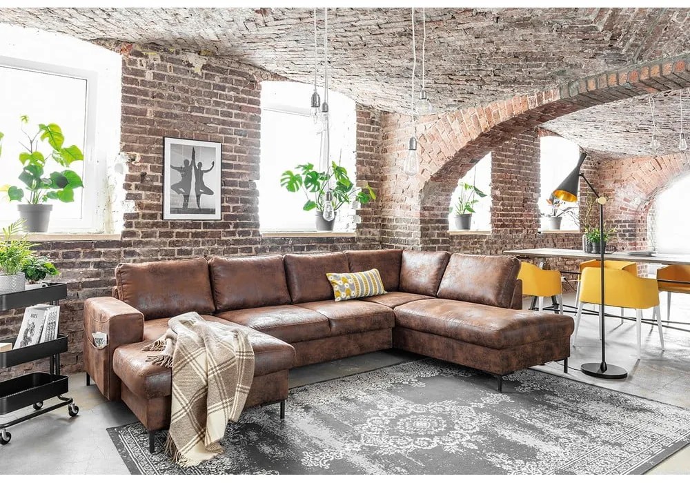 Lofty Lilly Vintage barna kinyitható U alakú bőrutánzat kanapé, jobb oldali - Miuform