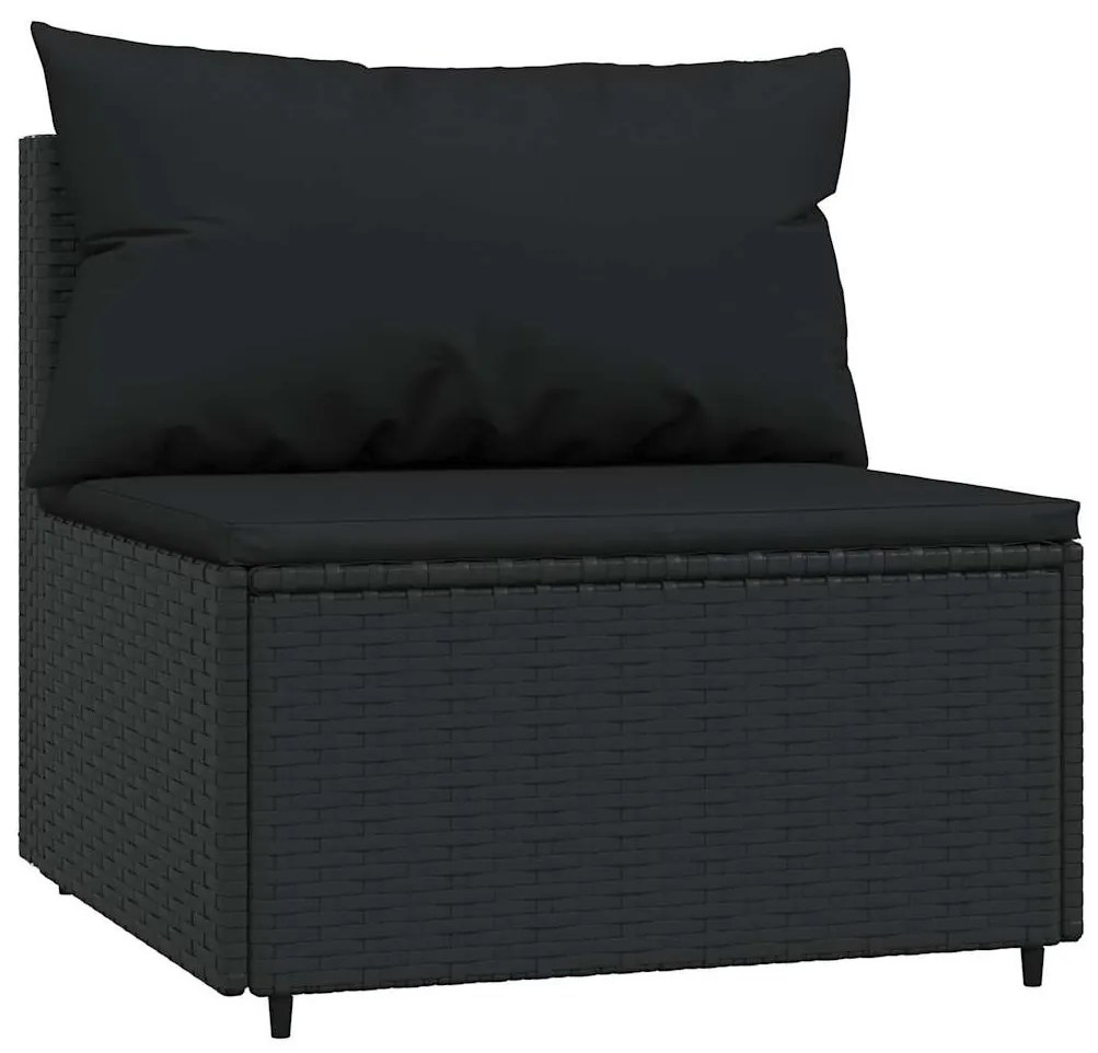 Fekete polyrattan kerti középső kanapé párnákkal