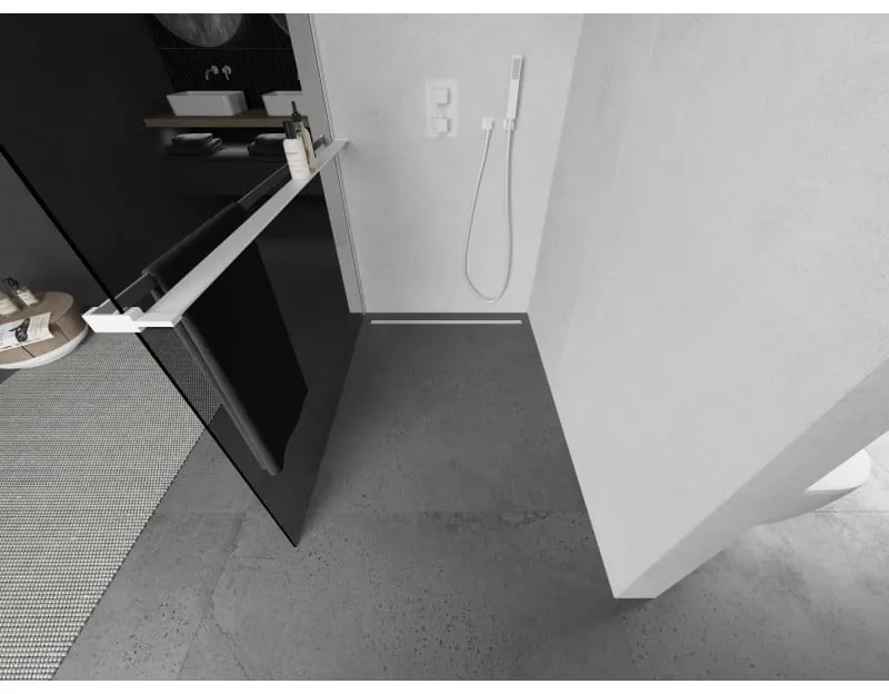 Mexen Kioto+, Walk-In zuhany paraván polccal és akasztóval 90 x 200 cm, 8mm szürke üveg, fehér profil, 800-090-121-20-40