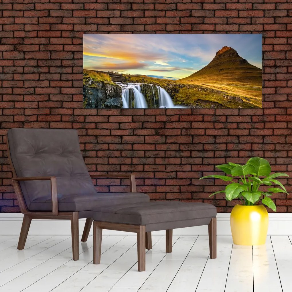 Kép a hegyekről és vízesésekről Izlandon (120x50 cm)