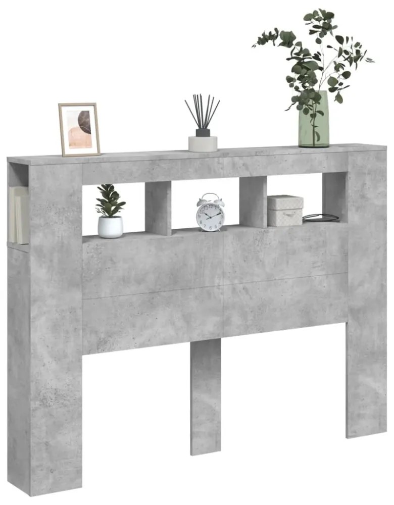 betonszürke szerelt fa LED-es fejtámla 140x18,5x103,5 cm