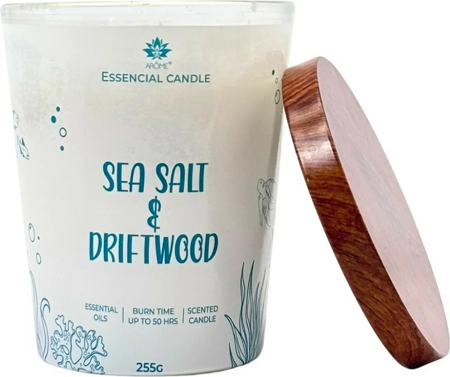 Arome Sea salt & Driftwood gyertya üvegben, fém fedéllel 255 g