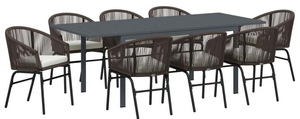 10 részes kerti étkezőszett párnákkal Barna Poli Rattan, Bővíthető kerti asztal Antracit (140-210)x90x73 cm Acél