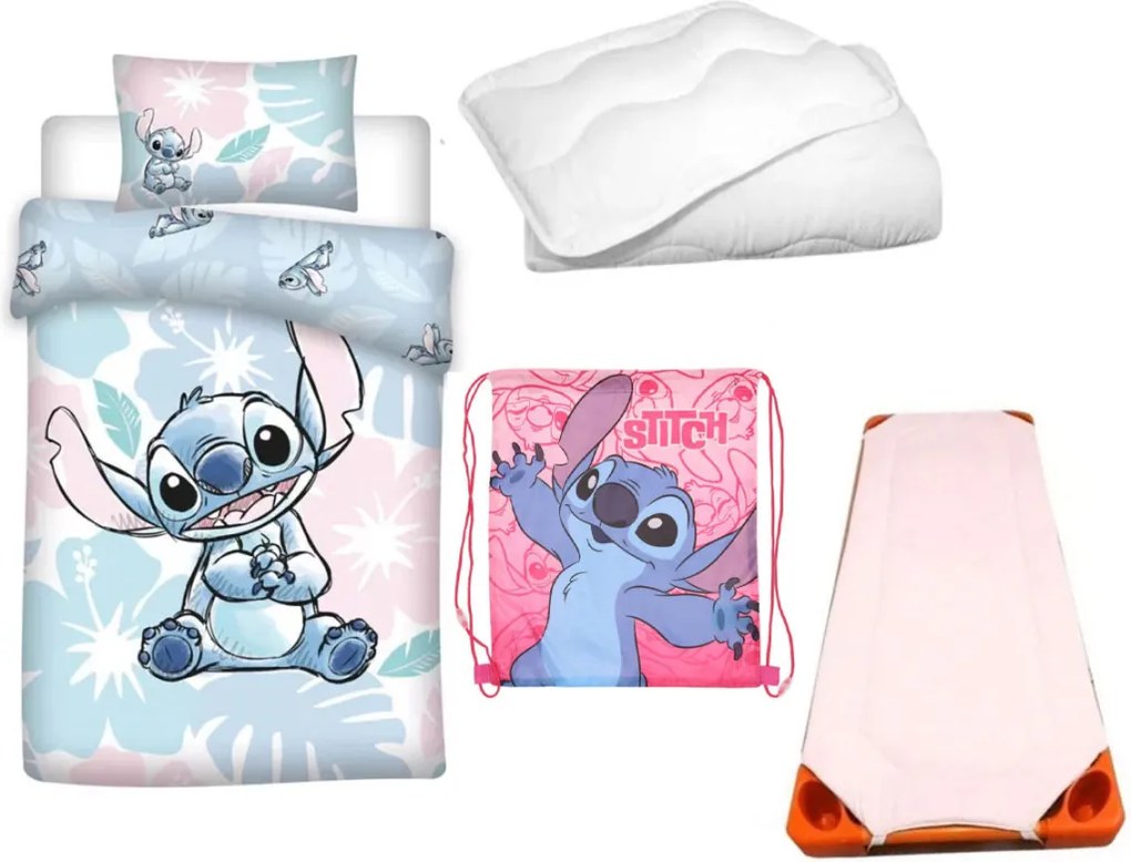 Disney Lilo és Stitch, A csillagkutya Pastel Pink Planet gyerek, ovis ágyneműhuzat, derékalj, tornazsák és paplan/párna szett 100x135 cm 40x60 cm