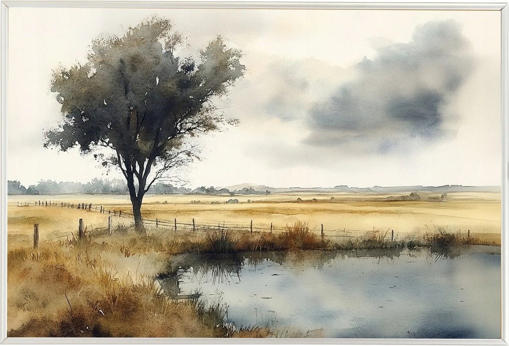 Poszter Keret Alumínium Tájkép Szabadtéri Falu Síkság Fűzfa Mezők 60x40