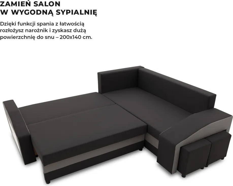 Grande sarokkanapé polcokkal és puffokkal , polc a bal karfaban puffok a jobb karfaban, jobboldali, szövet anyag, bonell töltet, fekete - szürke