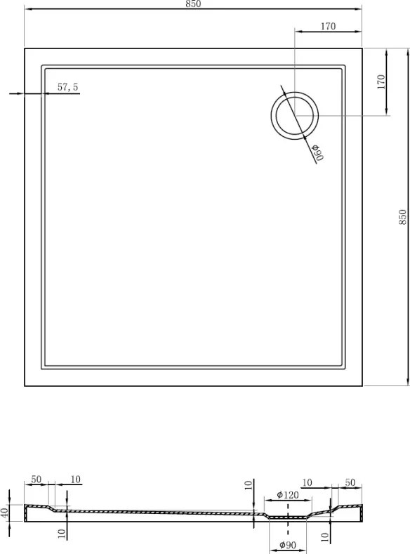 Mexen Flow négyzet alakú zuhanytálca slim 85 x 85 cm, fekete matt - 46S708585