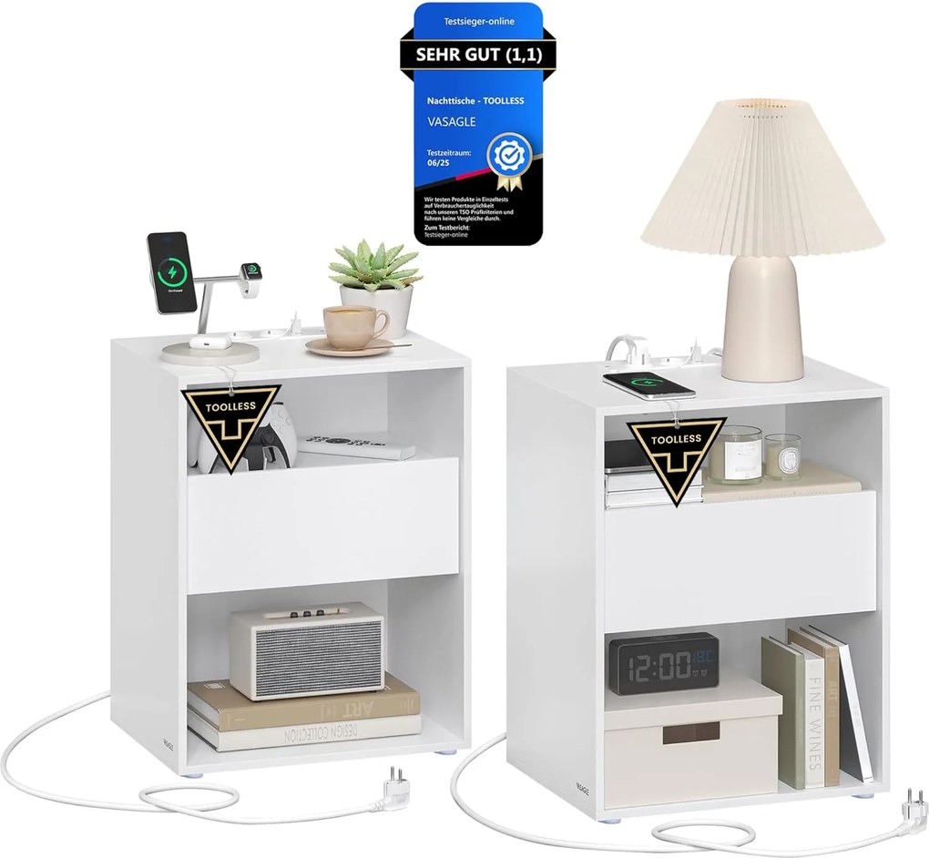 Éjjeliszekrény 2 darabos szett beépített töltőfunkcióval, matt fehér