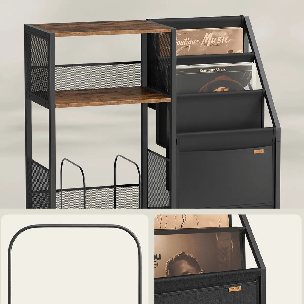 Öreg fa hatású MDF lemezjátszó- és LP-tartó asztal 81 × 30 × 69 cm