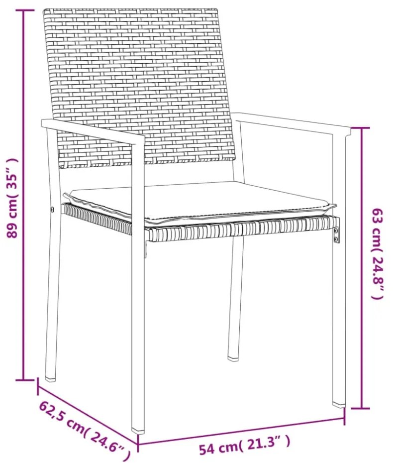 2 db fekete polyrattan kerti szék párnával 56 x 62,5 x 89 cm