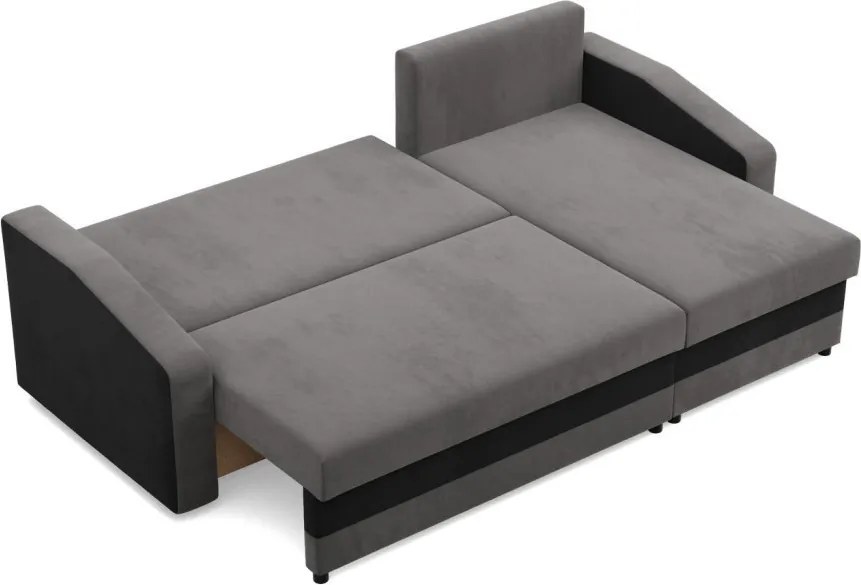 Hewlet sarokkanapé, 2 ágyneműtartóval, szövet anyag, univerzális oldal, bonell töltet, szürke - fekete