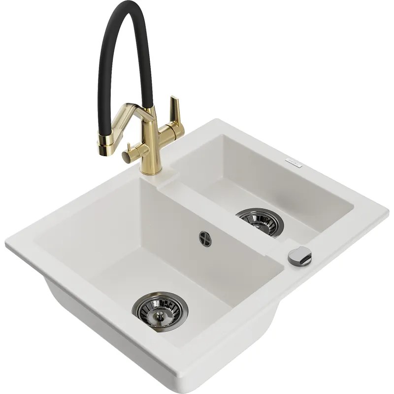 Mexen Carlos 1,5-medencés gránit mosogató Duo konyhai csapteleppel, fehér - 6518-20-671701-57-B