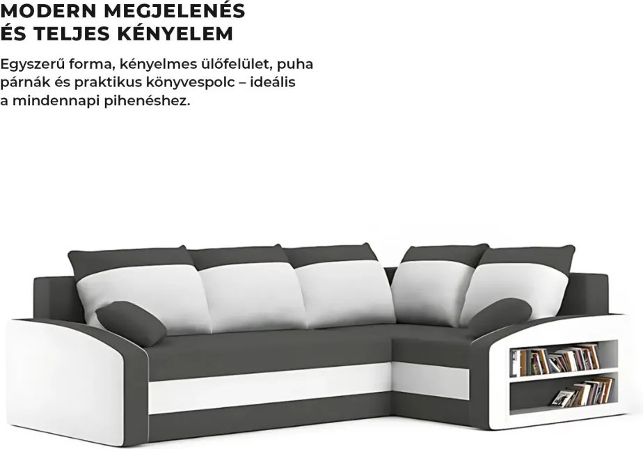 Grande sarokkanapé polcokkal , polc a jobb karfaban, jobboldali, szövet anyag, bonell töltet, szürke - fehér