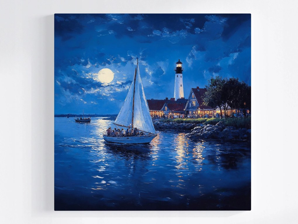 Vászonkép Canvas Tengerészet Éjszaka Hold Világítótorony Hajó 80x80
