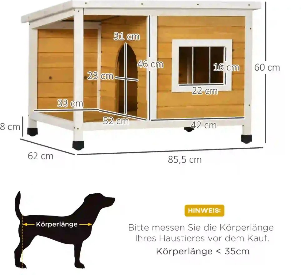 PawHut kutyaház verandával, nyíló tetővel, ablakkal, állítható lábakkal, természetes fa, narancs, fehér