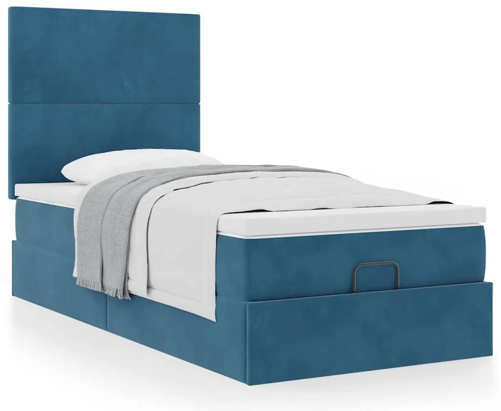 Ottomán ágykeret matracokkal sötétkék 90x190cm bársony