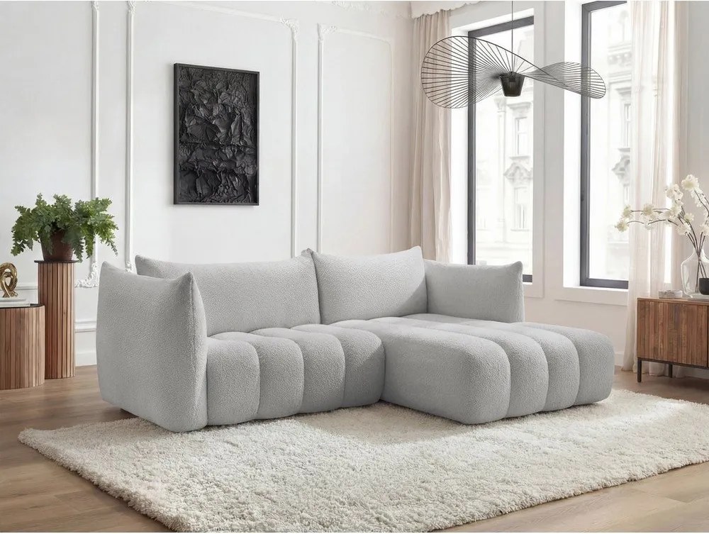 Világosszürke buklé sarokkanapé (jobb oldali-heverő résszel) Azra – Bobochic Paris