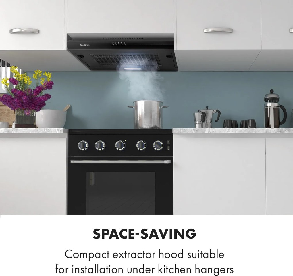 Klarstein Capannina, szekrény alá beépíthető páraelszívó, 60 cm, 166 m³/ó, LED, nemesacél, fekete