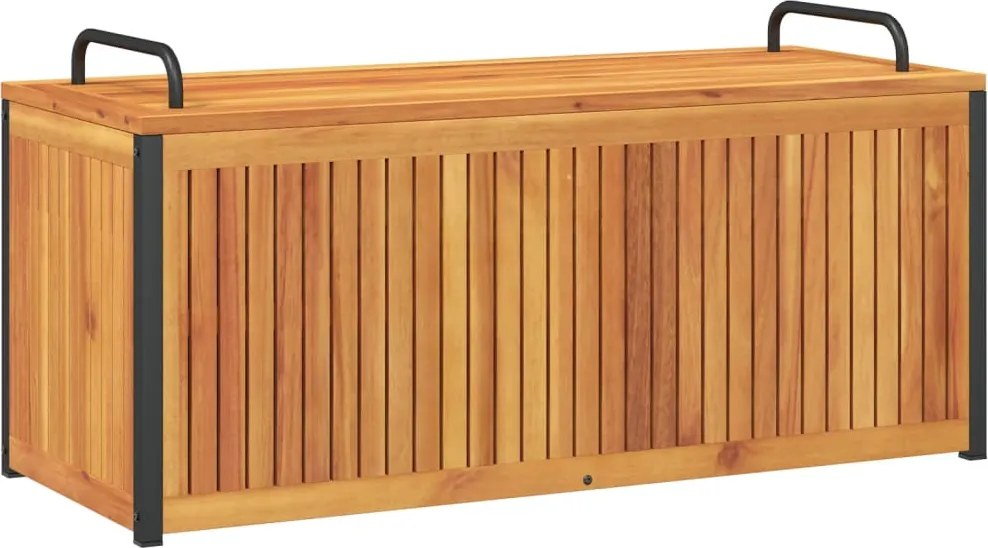 vidaXL tömör akácfa és acél kültéri párnatartó láda 110x45x42/53 cm