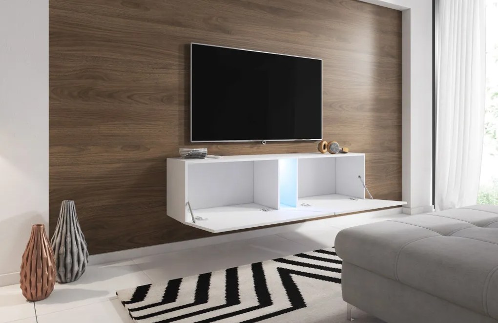 TV szekrény 160 cm fehér / fehér magasfény színkombinációban RGB LED világítással – SLANT