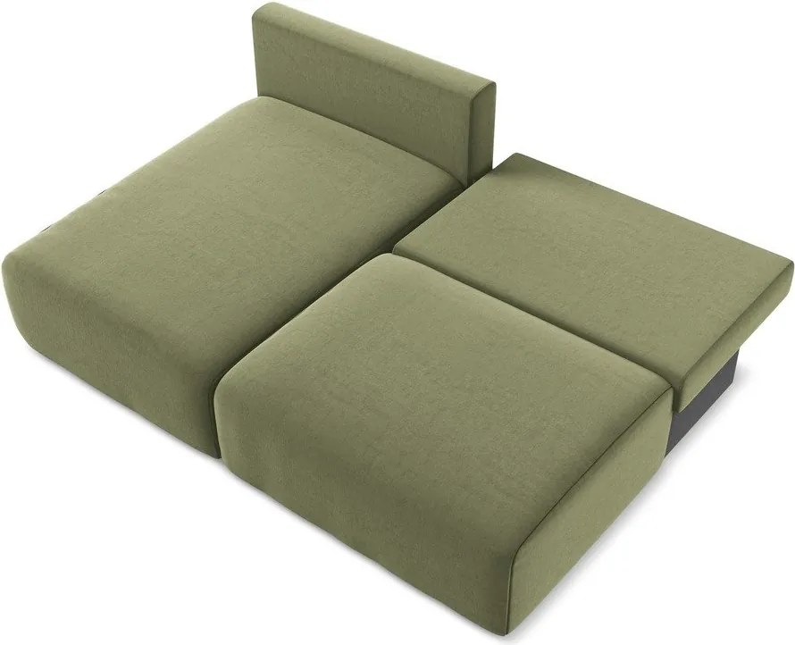 Zöld bársony kinyitható-tárolóhelyes sarokkanapé (bal oldali-heverő résszel) Kalena – Makamii