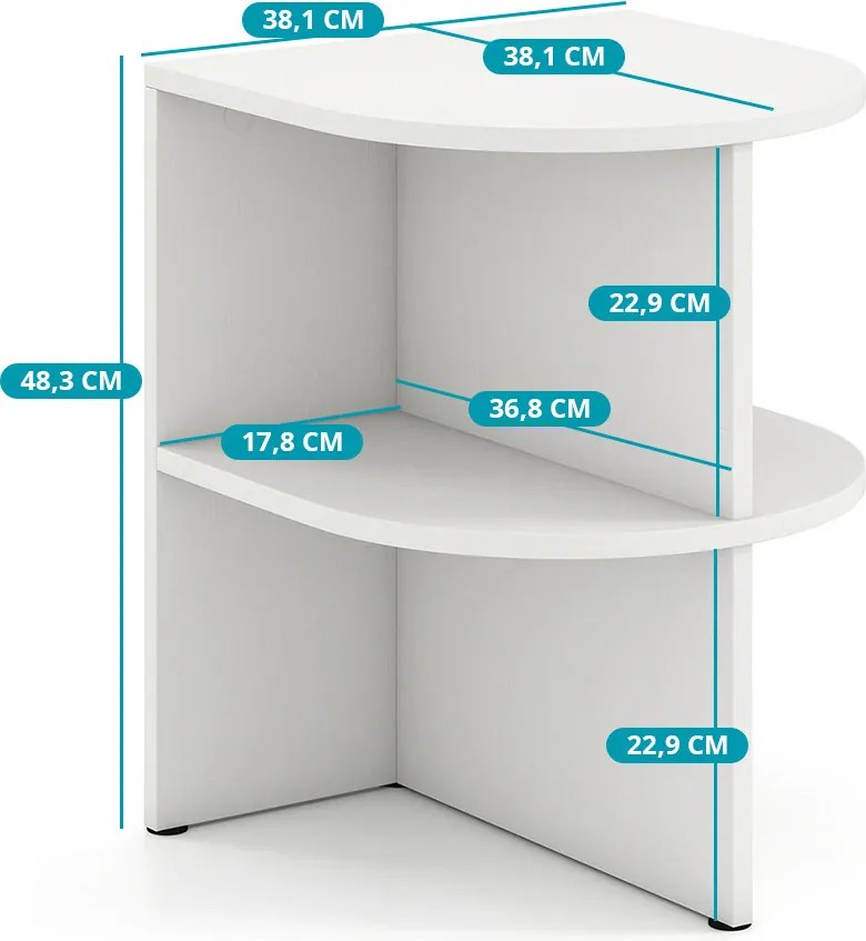 Félkör alakú kisasztal nyitott polcokkal