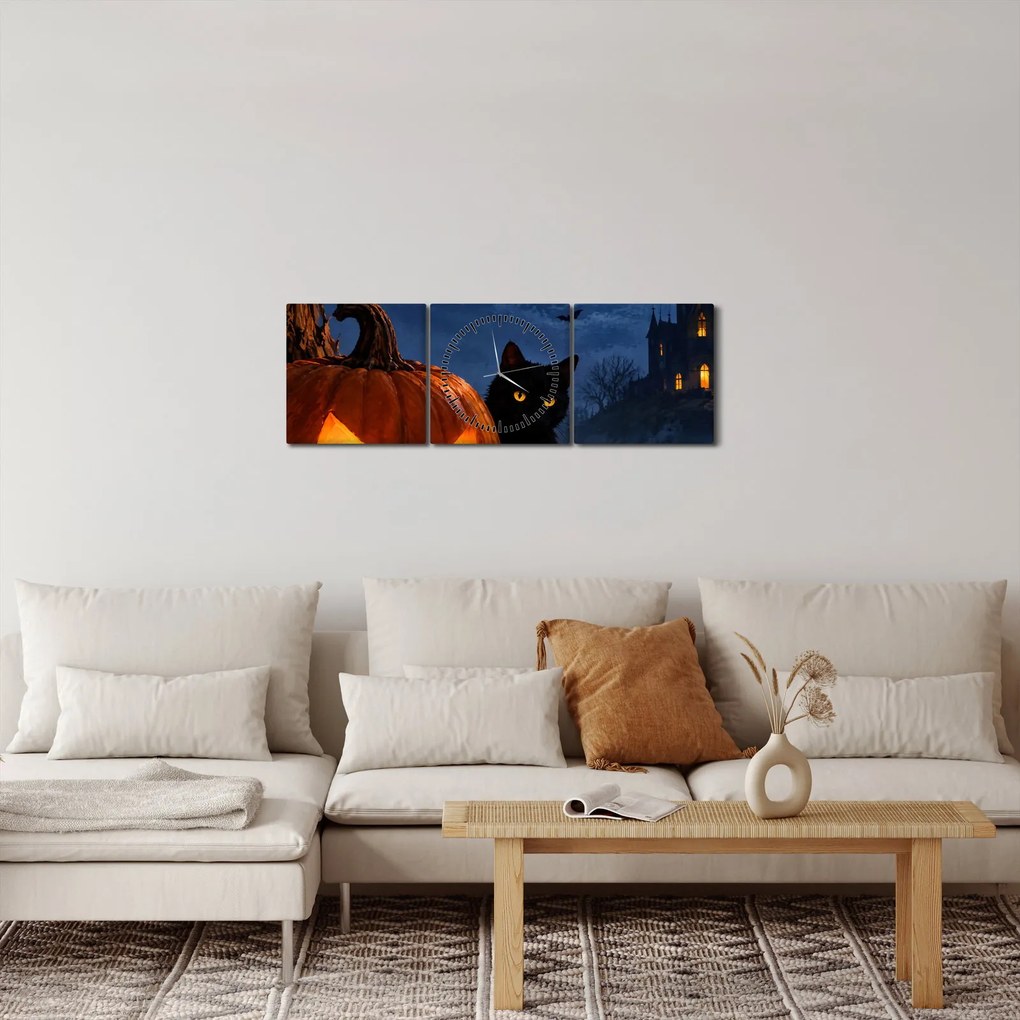 Kép - Fekete macska egy világító halloweeni tök mellett (órával) (90x30 cm)
