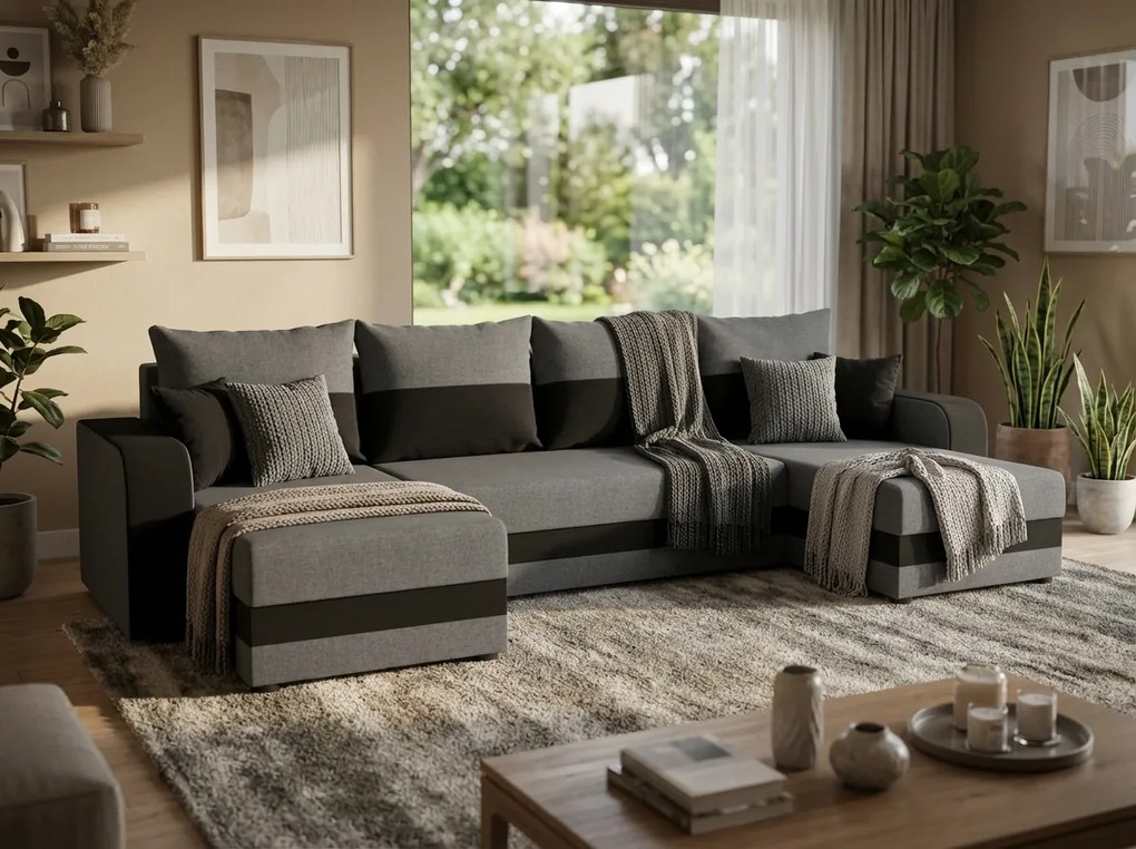 Kinyitható U-alakú ülőgarnitúra VALERIO 305x140 cm, sötétszürke/antracit