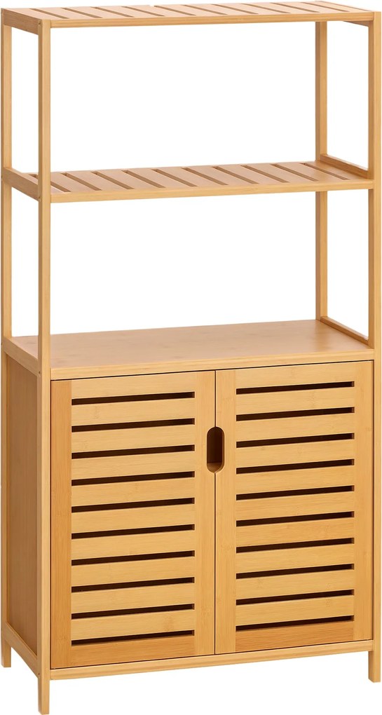Kleankin Fürdőszoba Szekrény 2 Nyitott Polccal és 2 Ajtós Szekrénnyel, Helytakarékos Bambusz Szekrény 60x30x120cm, Természetes | Aosom