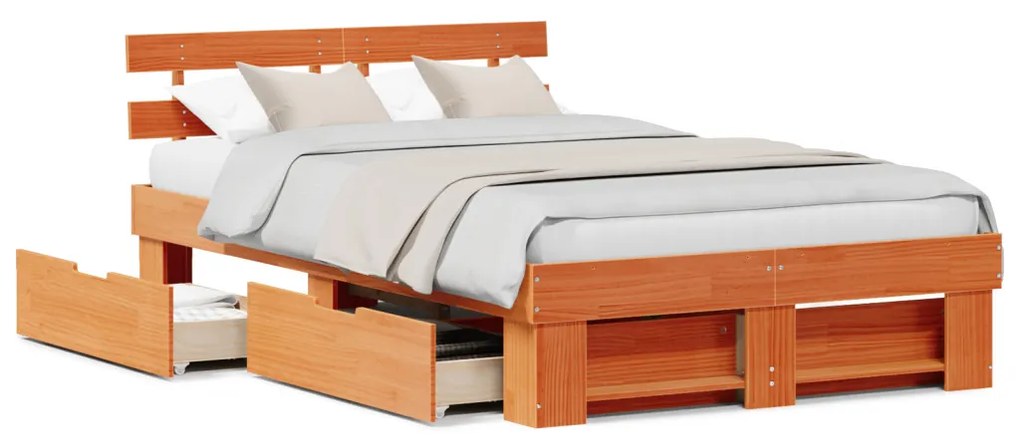 vidaXL Ágykeret fejtámlával Faggyú barna 135 x 190 cm Tömör fenyőfa