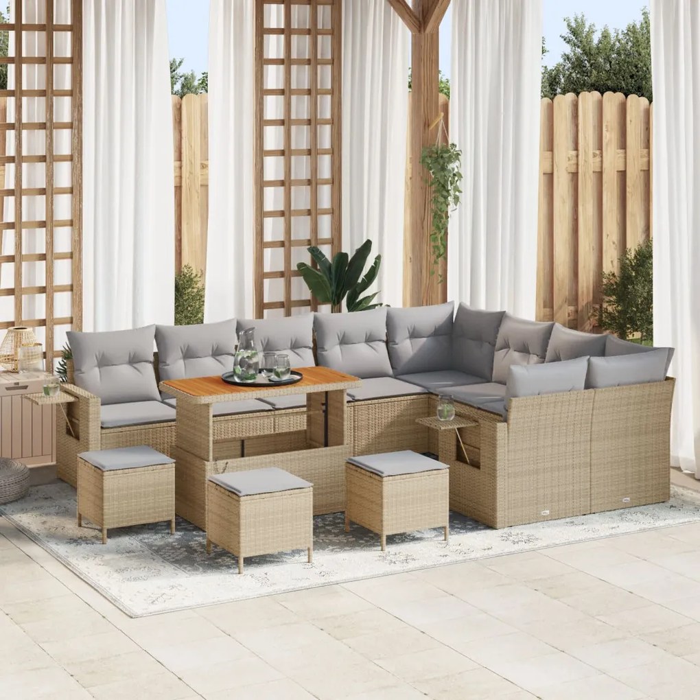 12 részes kerti sofa szett párnákkal bézs poli rattan anyagból, 3 részes kerti étkező szett párnákkal bézs poli rattan anyagból