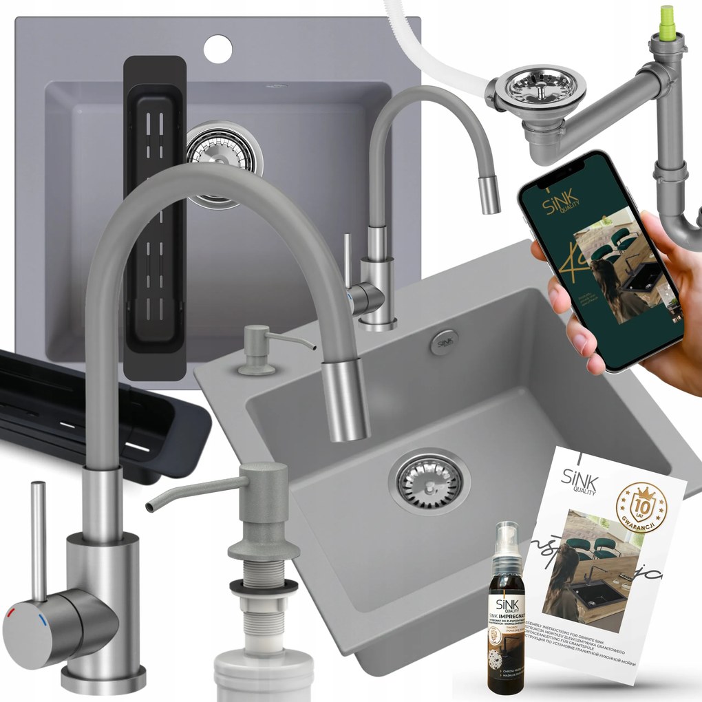 Gránit Mosogató Szett Egymedencés Szürke Csaptelep Szifon Adagoló